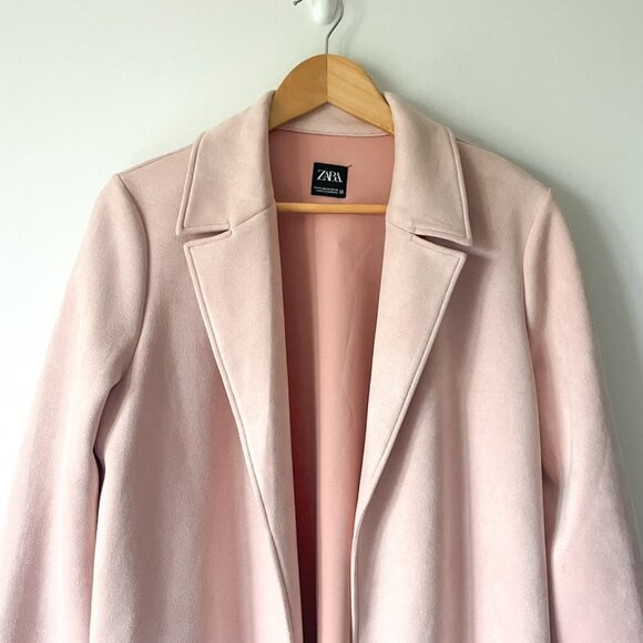 Zara Faux Suede Lapel Collar Coat Trench Jacket Blush Pink Size Medium - Picture 7 of 14